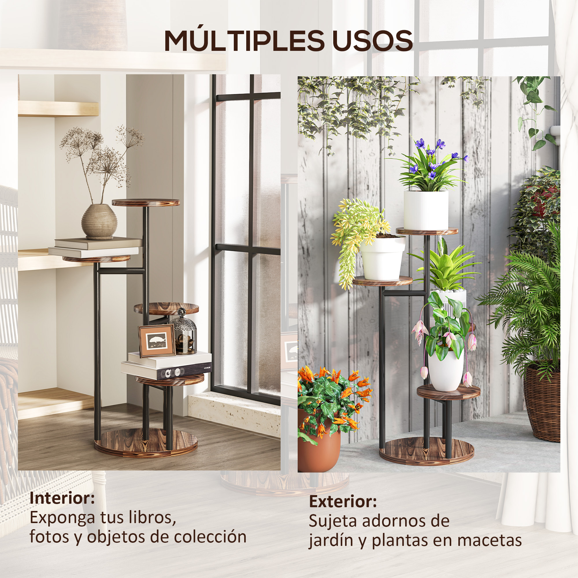 Estantería para Plantas de 5 Niveles Soporte para Plantas de Madera y Acero con 5 Estantes Redondos Soporte para Macetas para Interior y Exterior 43x43x70 cm Carbonizado