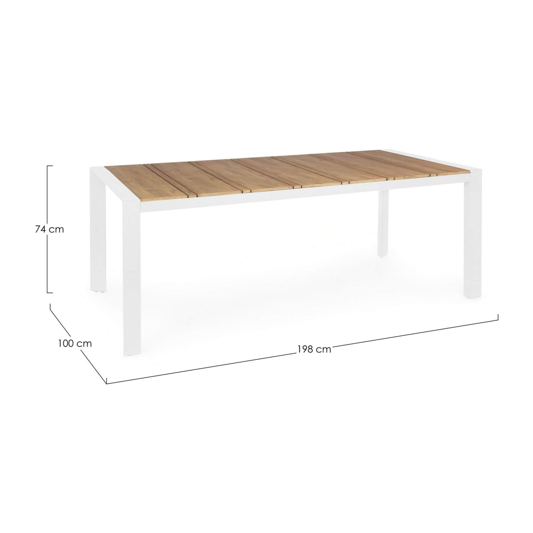 Tavolo da giardino ELIAS con piano color teak e struttura in alluminio bianco, 198×100 cm