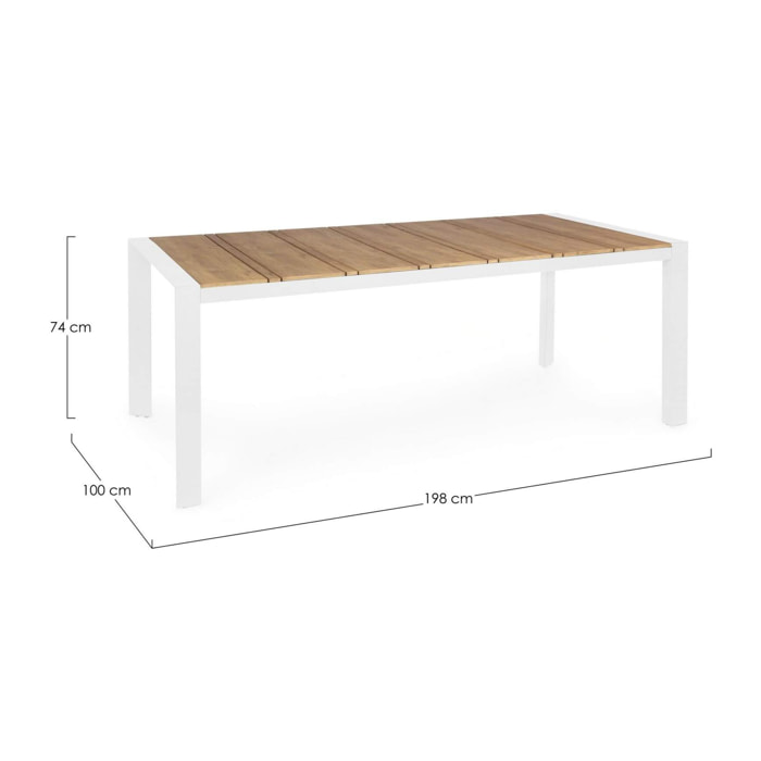 Tavolo da giardino ELIAS con piano color teak e struttura in alluminio bianco, 198×100 cm