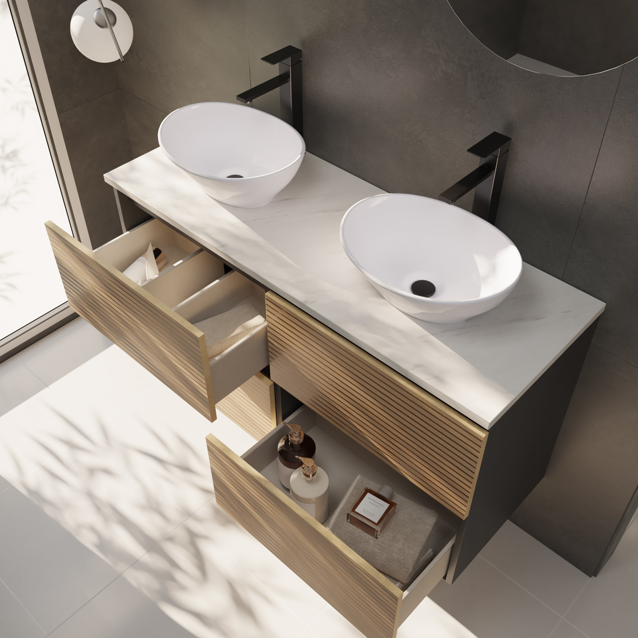 CONJUNTO DE BAÑO YINU | 141 CM NEGRO - SOLOMON | CUATRO CAJONES | LAVABO SOBRE ENCIMERA | NO INCLUYE ESPEJO | ALDAY