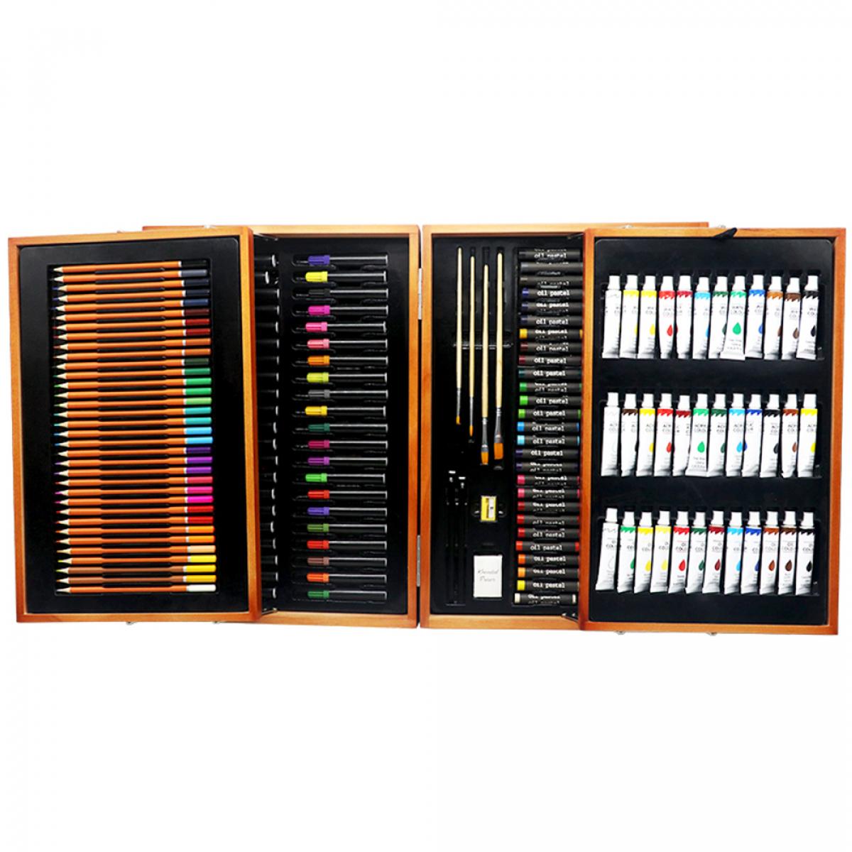 Set de bellas artes prefesional 174 piezas en maletín de madera deluxe. Incluye lápices, tubos pintura acrílica,ceras ,rotuladores, pinceles y accesorios.