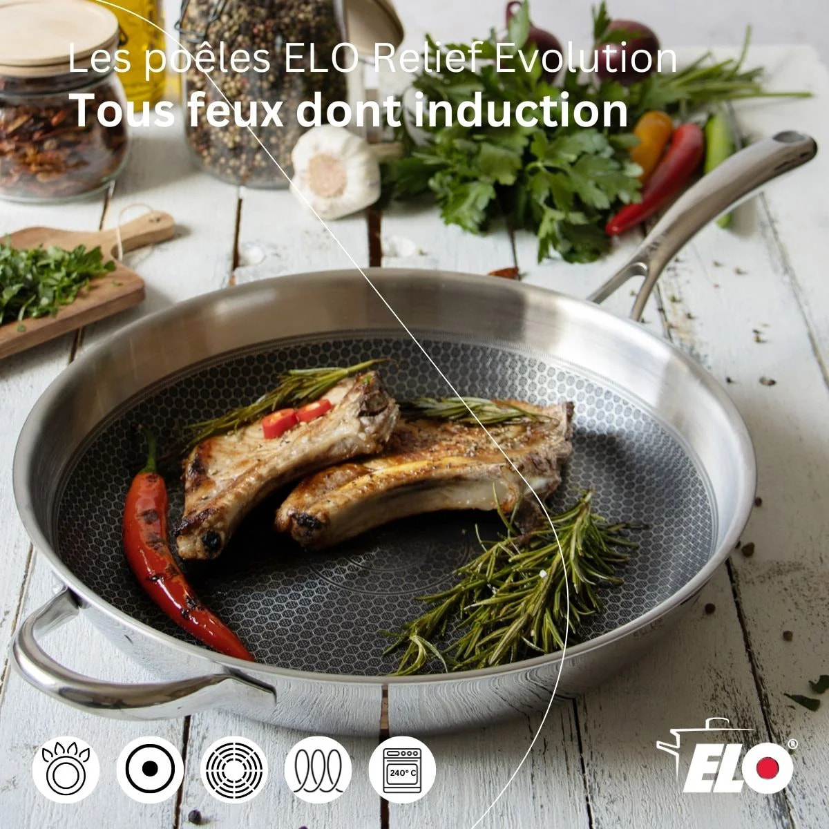 Poêle wok 30 cm en inox 18/10 Elo Relief Evolution