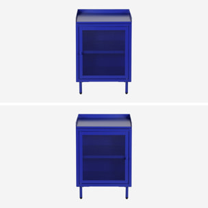 Lot de 2 tables de chevet industrielles métal bleu 1 porte grillagée. 40 x 37 x 58.5 cm - Ohio