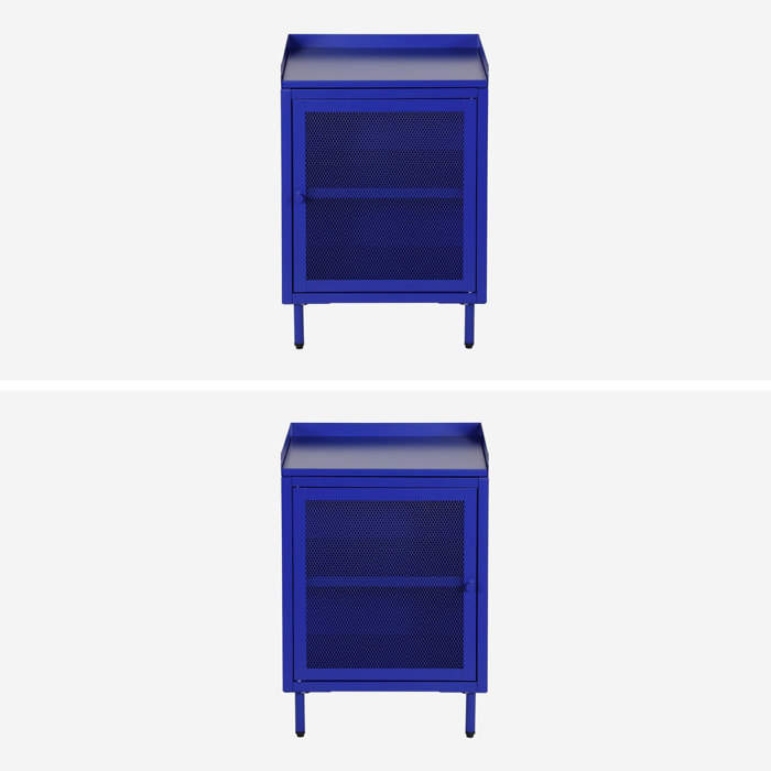 Lot de 2 tables de chevet industrielles métal bleu 1 porte grillagée. 40 x 37 x 58.5 cm - Ohio
