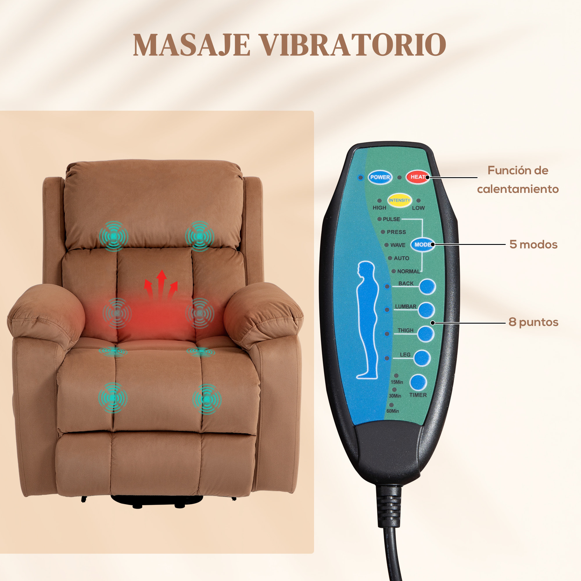 Sillón Relax Reclinable Eléctrico Levanta Personas, con Masaje Vibratorio y Calor, Sillón Elevador, con Control Remoto, Reposapiés, Tapizado en Cuero Sintético, Bolsillos, Marrón