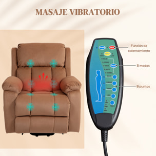 Sillón Relax Reclinable Eléctrico Levanta Personas, con Masaje Vibratorio y Calor, Sillón Elevador, con Control Remoto, Reposapiés, Tapizado en Cuero Sintético, Bolsillos, Marrón