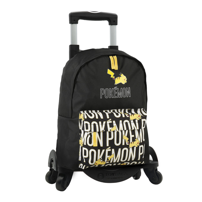 Pokemon mochila primaria doble compartimento + carro  con protección lateral y stoper frontal, 4 ruedas multidireccionales.