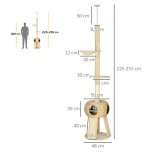 Árbol para Gatos de Suelo a Techo de 225-255 cm Torre para Gatos Altura Ajustable con Cueva Plataformas Hamaca Postes Rascadores Rampas y Bolas Colgantes Ø48x225-255 cm Beige