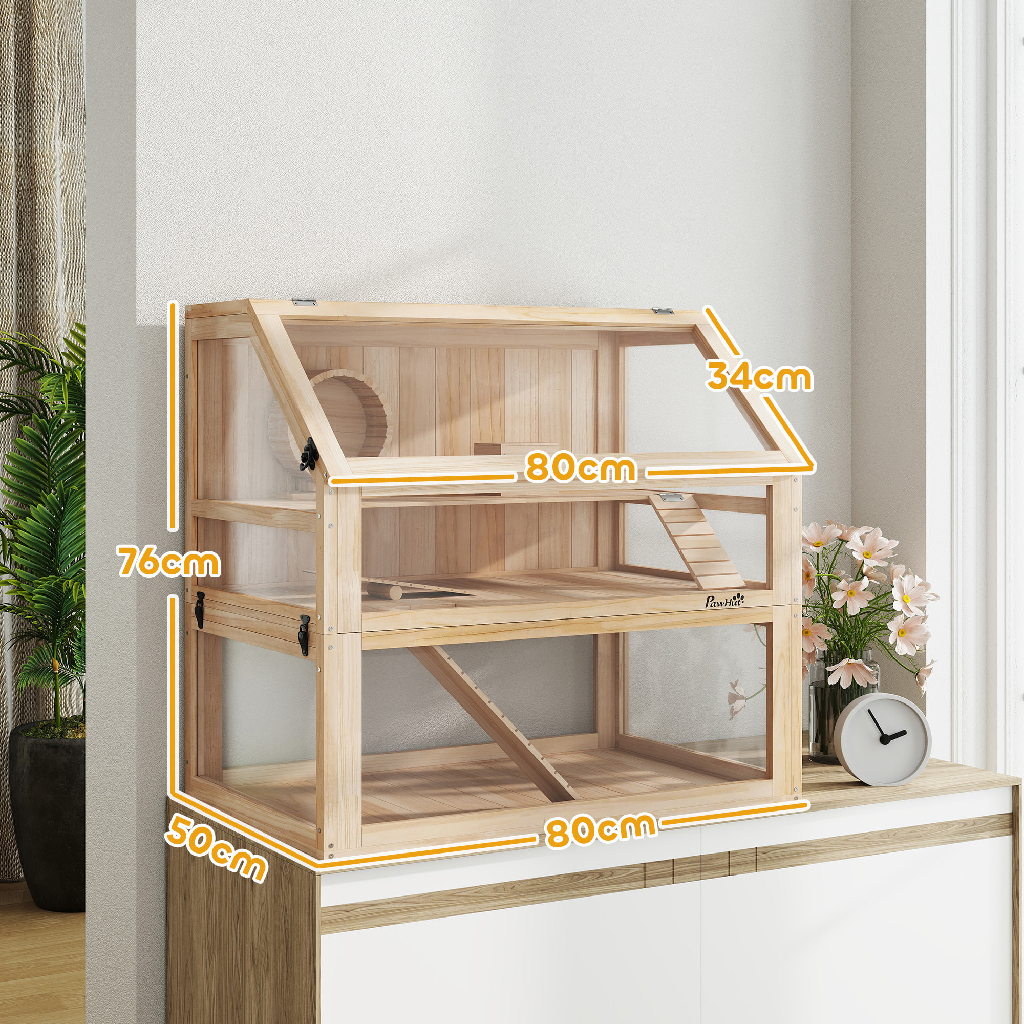 Jaula para Hámster de Madera 3 Niveles, Casa para Roedores Pequeños con Base Profundo Desmontable, Balancín, Rueda de Ejercicio, Rampas, Casita, Paneles Transparentes, Jerbos, Enanos, Natural
