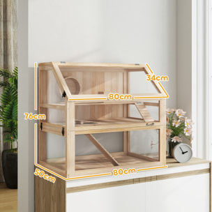 Jaula para Hámster de Madera 3 Niveles, Casa para Roedores Pequeños con Base Profundo Desmontable, Balancín, Rueda de Ejercicio, Rampas, Casita, Paneles Transparentes, Jerbos, Enanos, Natural