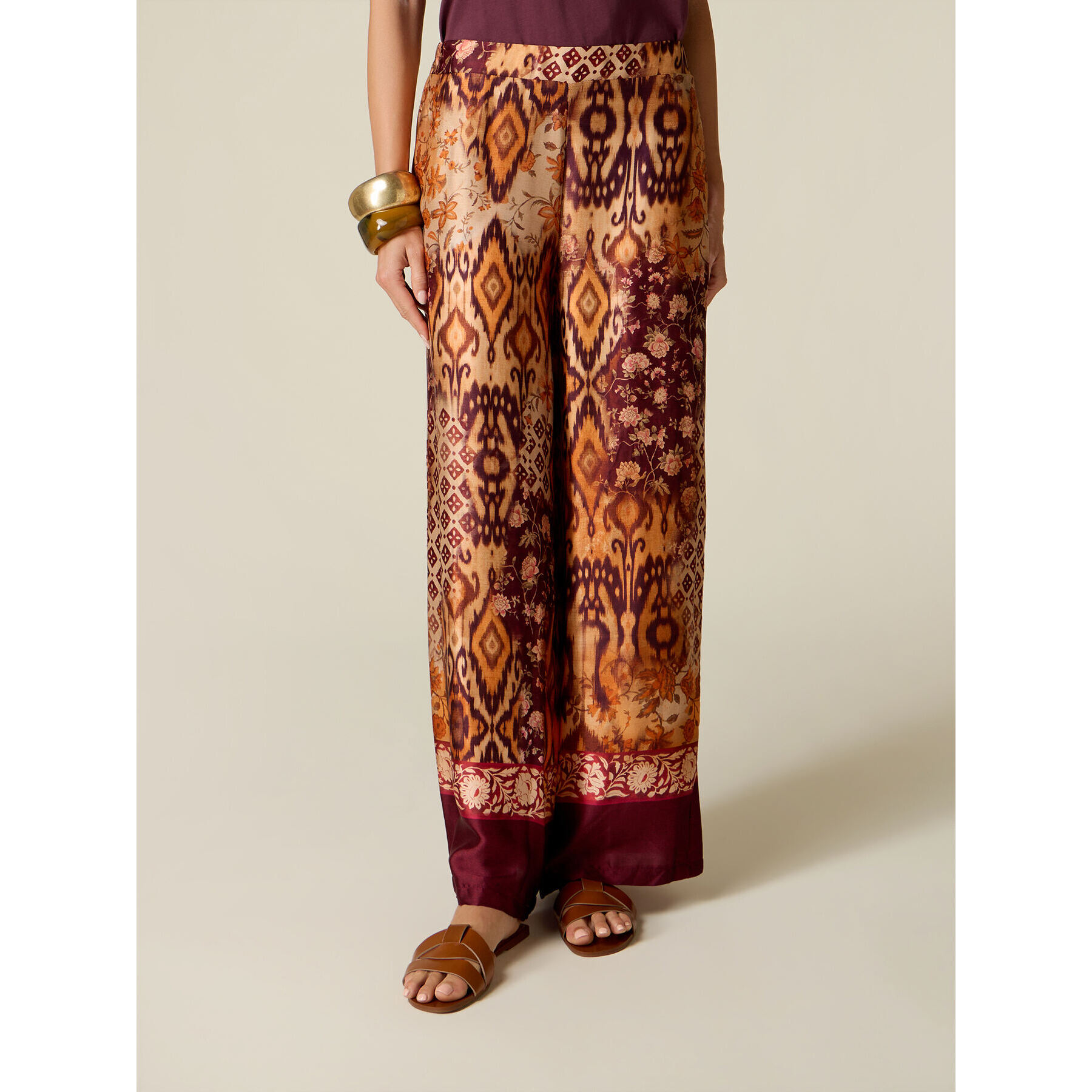 Oltre - Pantaloni palazzo in raso fantasia - Bordeaux