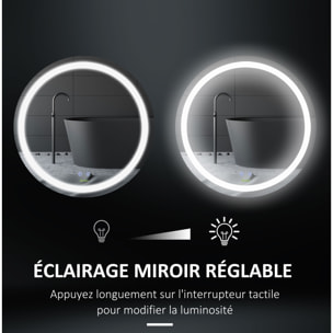 Miroir salle de bain lumineux LED 35 W - dim. Ø 60 x 4H cm - fonction anti-buée, interrupteur tactile, luminosité réglable - alu. verre