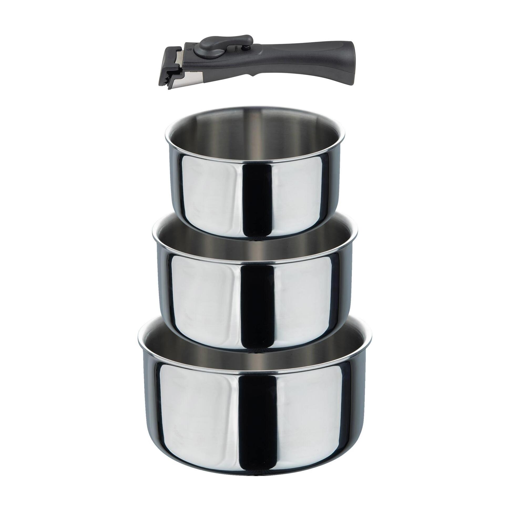 set de 3 cazos ø16ø18ø20cm sin revestimientos + mango desmontable en acero inoxidable