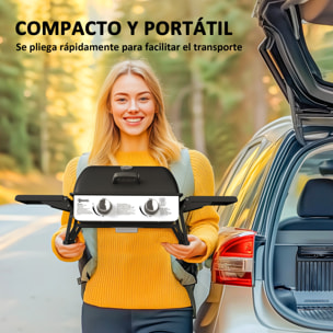 Barbacoa de Gas con 2 Quemadores de Acero Inoxidable 2,8 KW Barbacoa Portátil con Mesas Laterales Plegables Bandeja Extraíble y Termómetro para Pícnic Camping 101x48x41 cm Negro