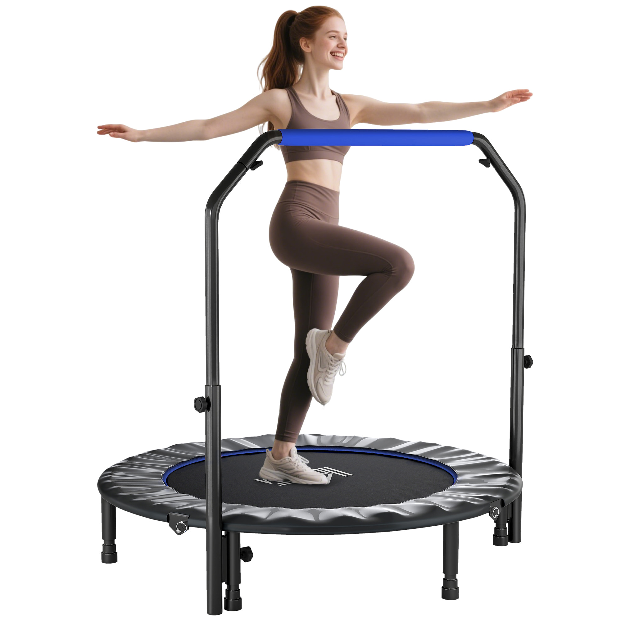 Trampolín de Fitness Adultos Ø122 cm, Cama Elástica Plegable con Mango Ajustable de 4 Niveles, Marco de Acero, para Entrenamiento Piernas, Cuerpo en Hogar, Oficina, Gimnasio, Negro y Azul