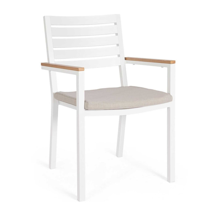 Set 4 sedie da giardino ELDA con cuscino beige, braccioli effetto legno e struttura bianca
