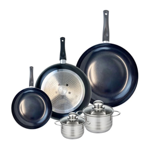 Ensemble de 3 Poêles de cuisson 20, 28 et 32 cm et 2 faitouts 12 et 14 cm Elo Prima Brillant