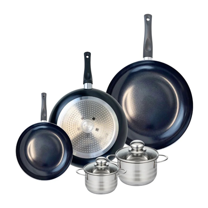 Ensemble de 3 Poêles de cuisson 20, 28 et 32 cm et 2 faitouts 12 et 14 cm Elo Prima Brillant