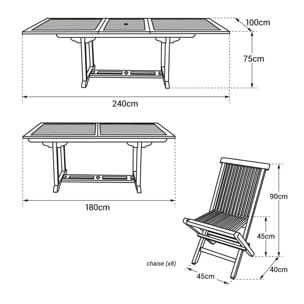 Salon de jardin en teck LOMBOK - table rectangulaire extensible - 8 places
