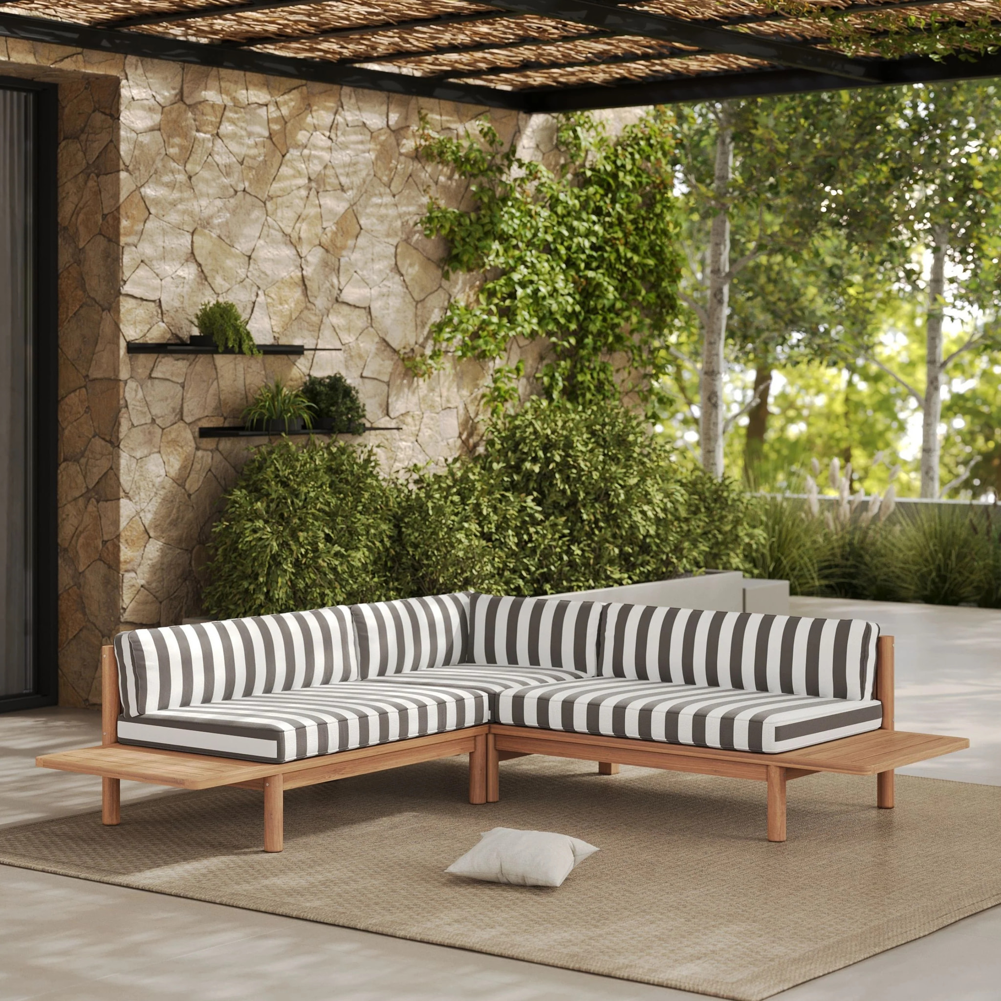 Canapé d'angle de jardin, teck massif et coussins rayés gris 4 places - Nadila