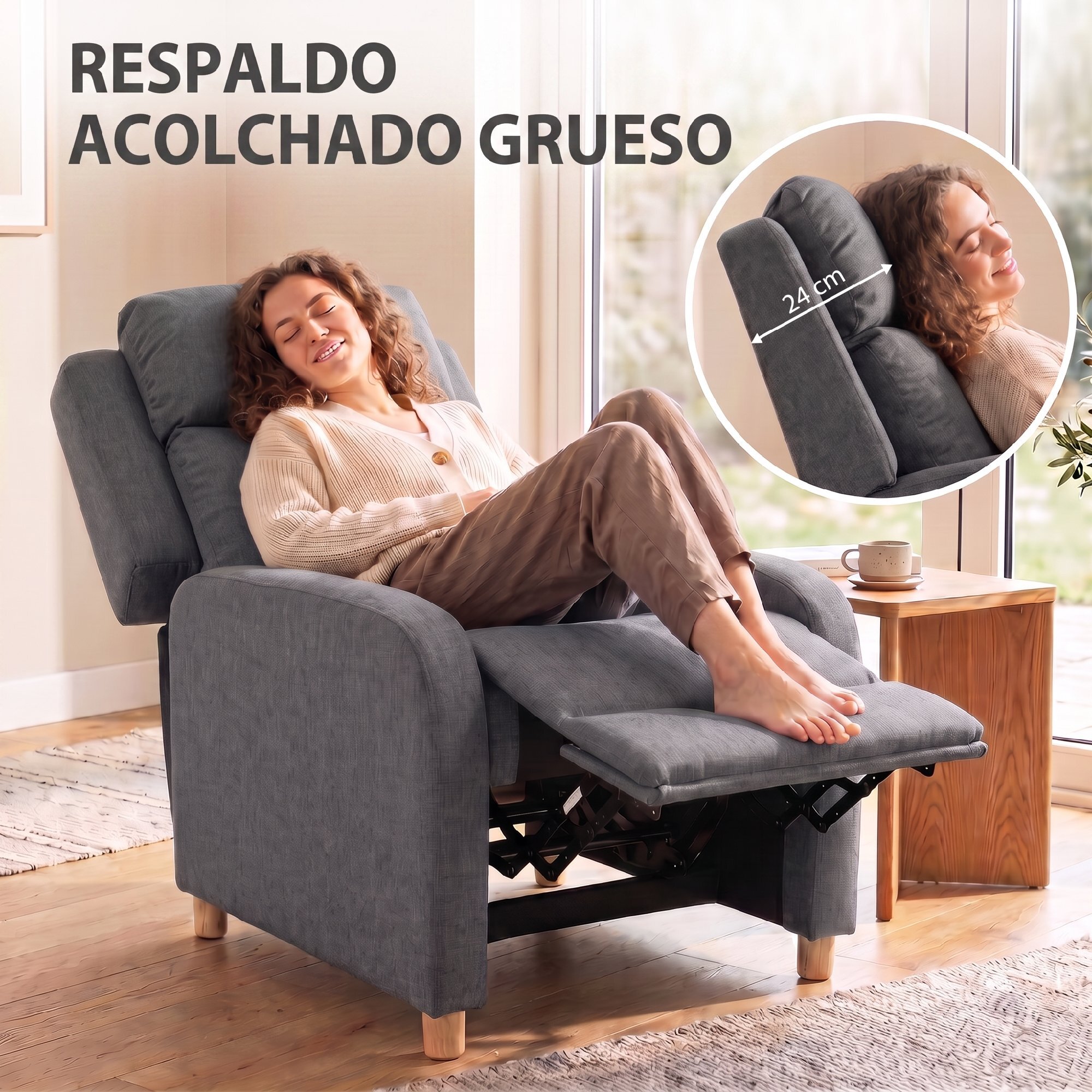 Sillón Relax Reclinable, Sillón Reclinable Manual, Tapizado en Lino, Instalación Rápida, Reposapiés, Muelles Ensacados, Respaldo Alto Grueso y Patas de Madera para Salón, Oficina, Gris Oscuro