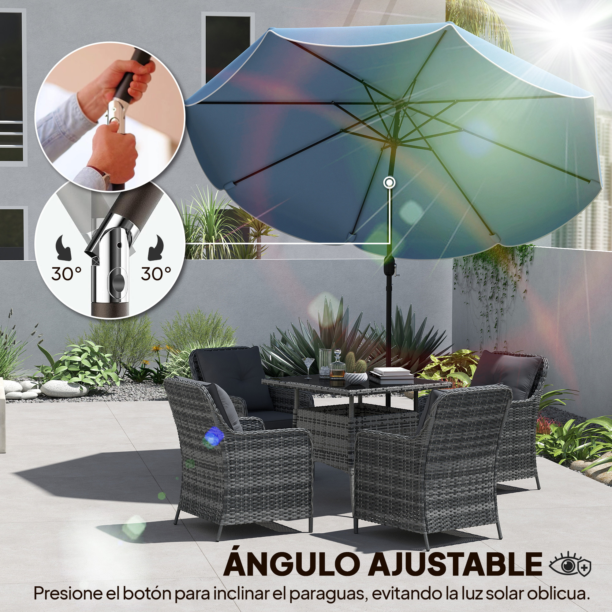 Sombrilla Terraza Exterior, Ø2,7 m, Sombrilla de Jardín con Inclinación Ajustable 3 Posiciones, Manivela y Volantes, Impermeable, Parasol para Playa, Patio, Terraza, Azul Celeste