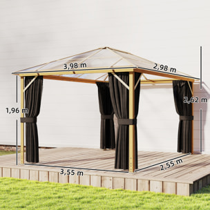 Pergola pavillon de jardin alu effet bois toit polycarbonate 3 x 4 m rideaux moustiquaires inclus