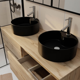 Meuble Salle de Bains 120cm 4 Tiroirs Chêne Naturel, 2 Vasques Noires Ø41cm et 2 Miroirs 55x75 cm
