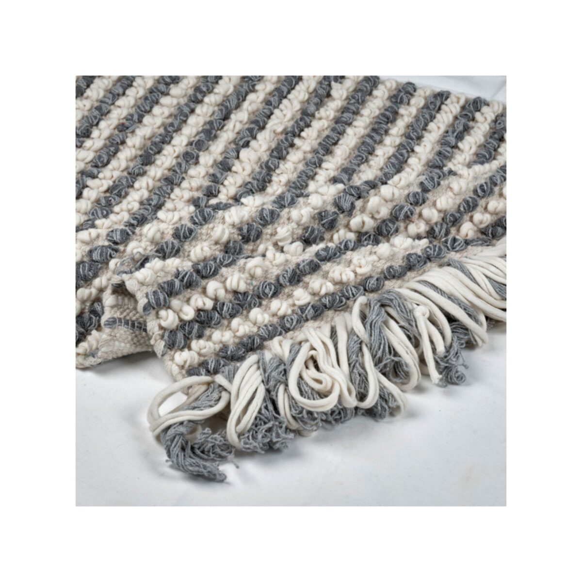 Tapis 60 x 80 cm tissu texturé petits pompons avec franges bicolores - MARINE
