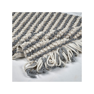 Tapis 60 x 80 cm tissu texturé petits pompons avec franges bicolores - MARINE