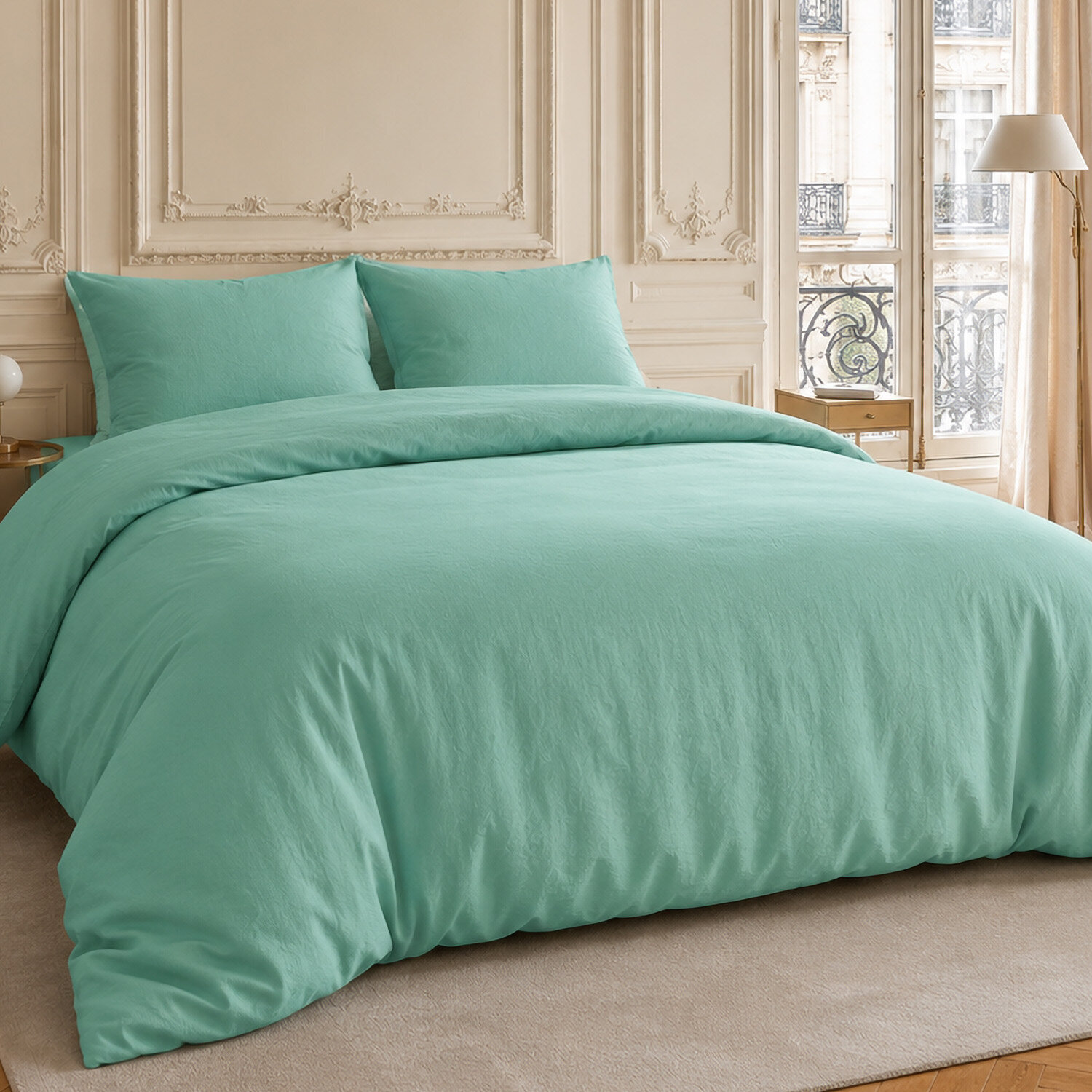 Parure housse de couette coton/lin unie bleu aqua, HAVEN