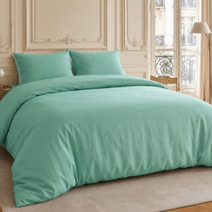 Parure housse de couette coton/lin unie bleu aqua, HAVEN