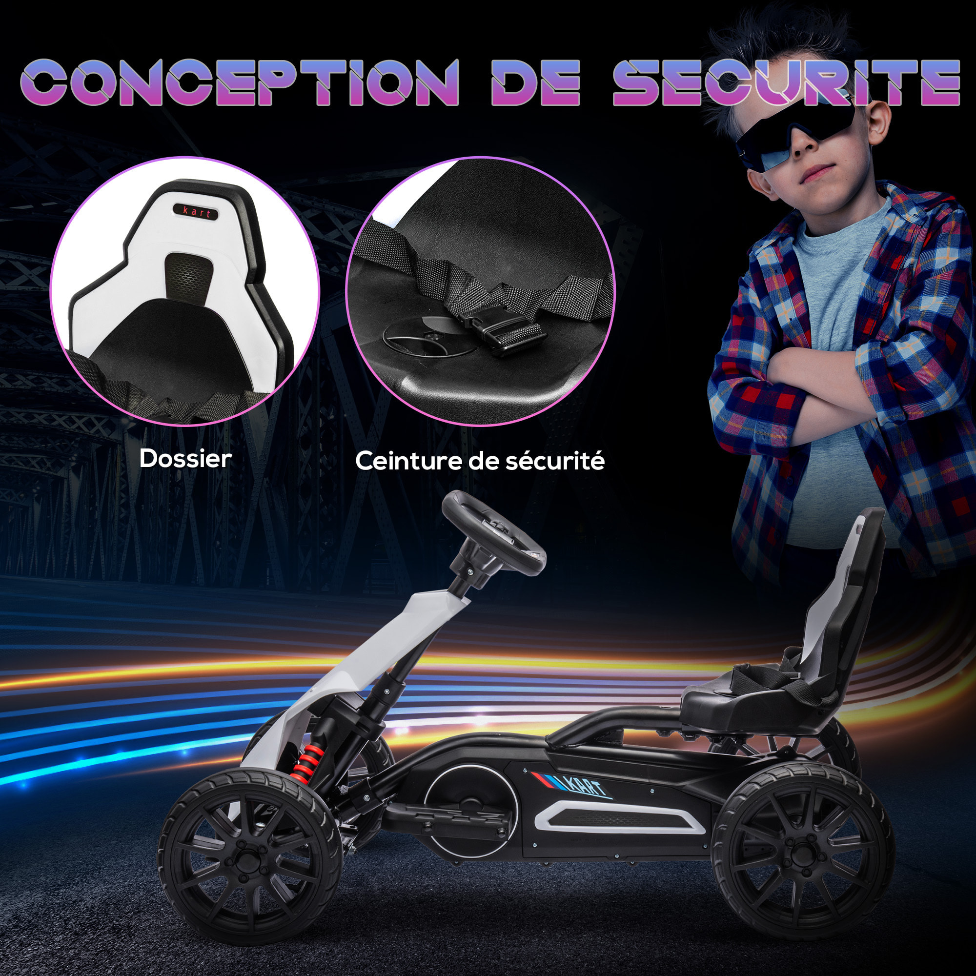 Kart électrique pour enfant 3+ Go kart 12V - 2 vitesses max. 5 Km/h - autonomie max. 50 min. - ceinture - blanc