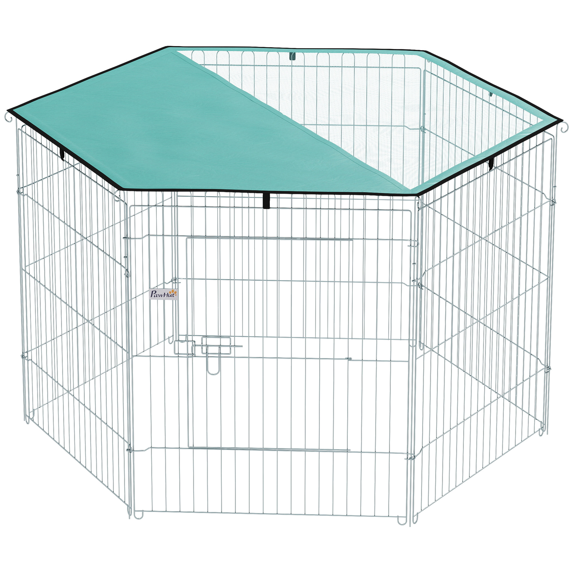 Parc pour chien  6 panneaux - avec toit, modulable et pliable - 76H cm - avec porte - intérieur et extérieur - argent vert