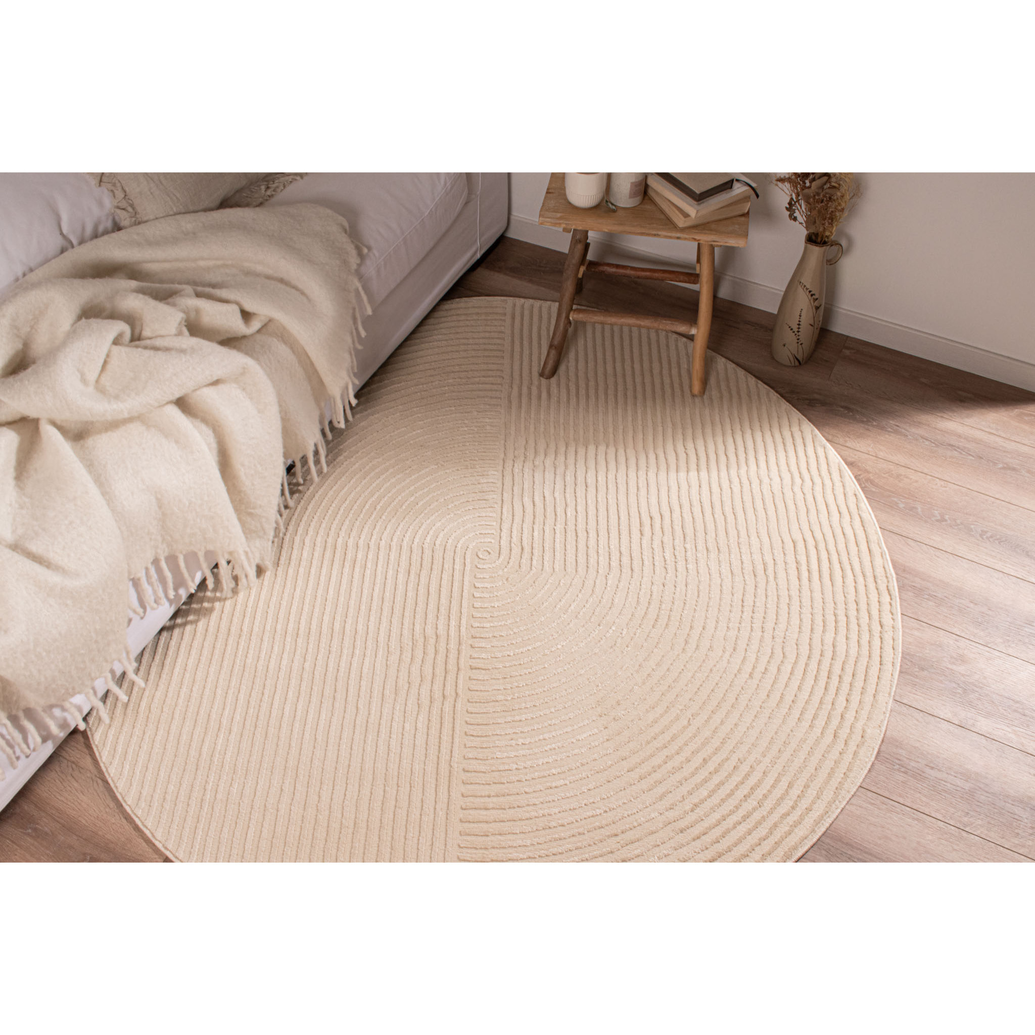 BIANCA - Tapis rond à motif géométrique en relief - Crème