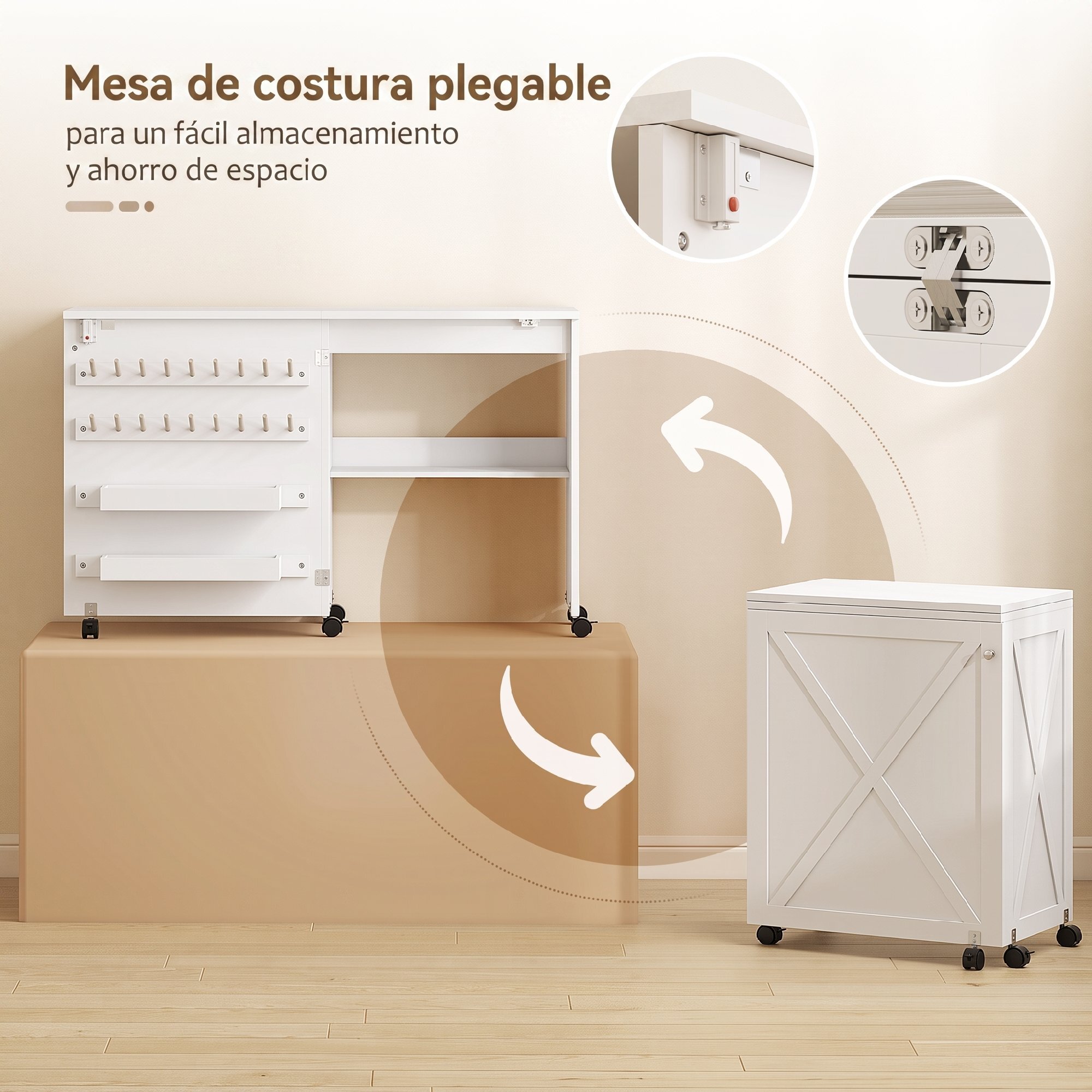 Mesa de Costura Plegable, Mesa Máquina de Coser con Puerta Magnética, 2 Compartimentos, Estante, 18 Soportes para Hilos, 5 Ruedas, Ahorro de Espacio, Blanco