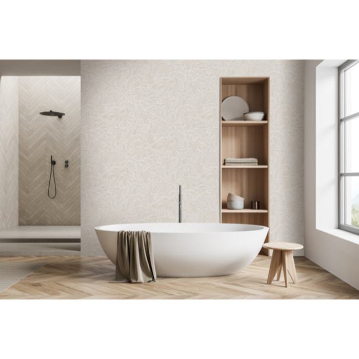 Papier peint vagues japonaises beige et blanc