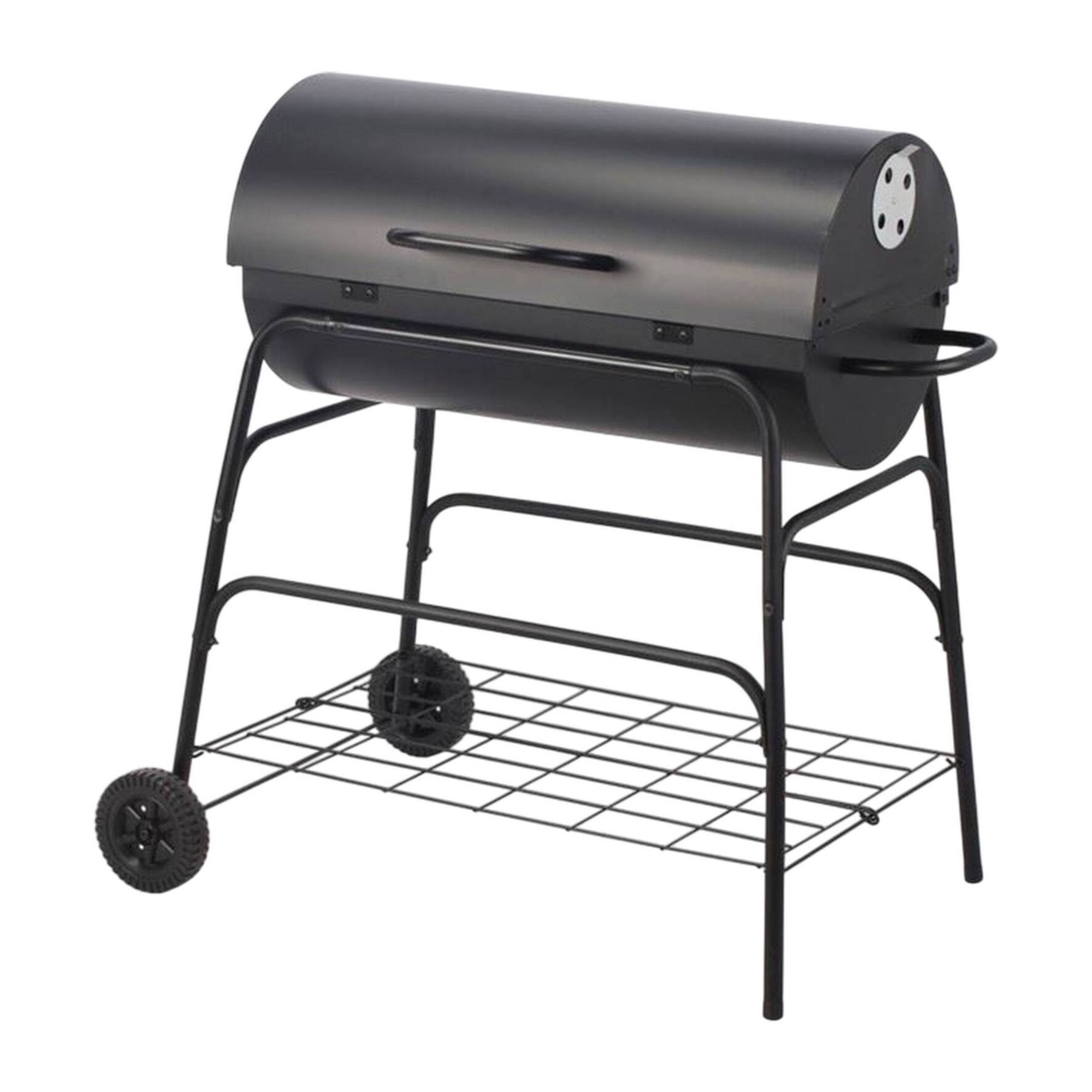 Barbacoa de cilindro con ruedas, color negro y parrilla de cocción chapada H.97cm