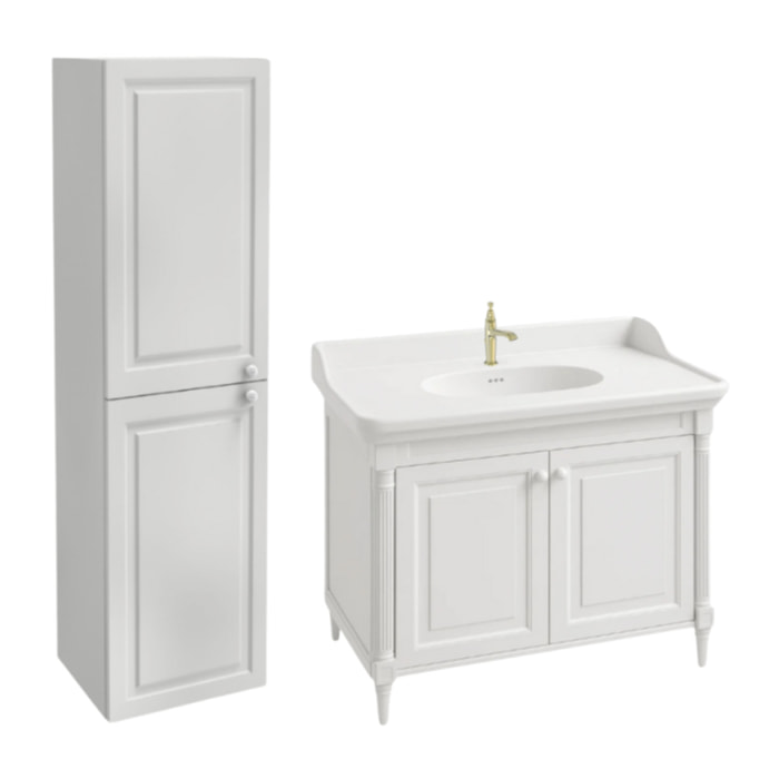Pack meuble vasque Cléo 1889 blanc velours + colonne gauche + mitigeur or