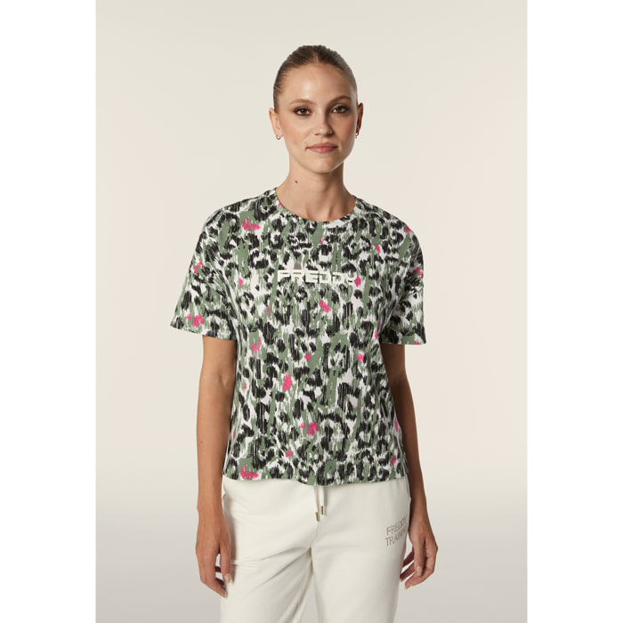 T-shirt donna comfort fit corta maculata con spacchi