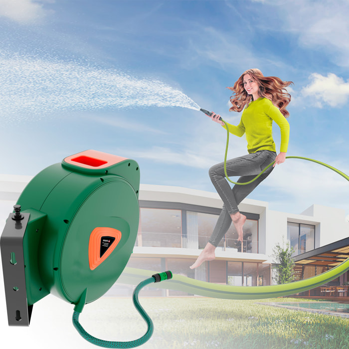 Avvolgitubo acqua con tubo da Giardinaggio Irrigazione Giardino Terrazzo Orto Riavvolgimento Automatico Rotazione 180° Fissaggio A Muro 20 mt Verde