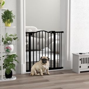 Barrera de seguridad para Perros Extensible 74-87 cm, para Puertas y Escaleras, Barrera para Perros con Extensión 7 cm, Montaje a Presión y Doble Bloqueo, Negro