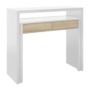 Consolle Billings, Scrivania con piano estensibile, Scrittoio porta PC con 2 cassetti, cm 99x36h88, Bianco e Rovere