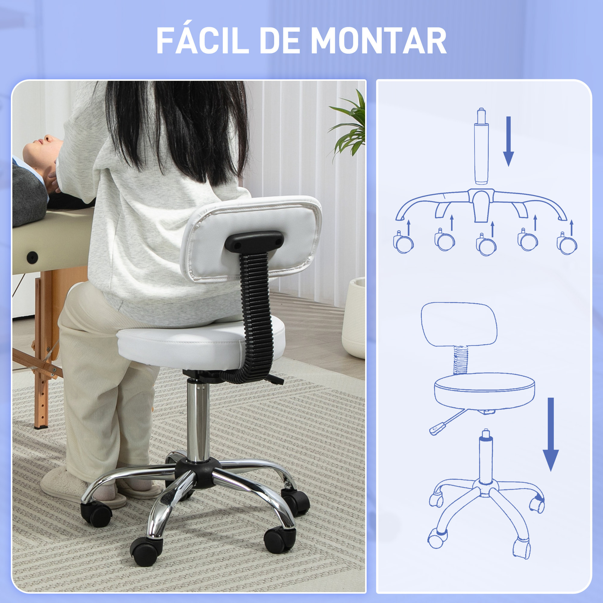 Taburete con Ruedas Giratorio, Taburete de Trabajo con Respaldo Desmontable, Altura Regulable, Tapizado en Cuero Sintético, para Oficina, Dormitorio, Blanco