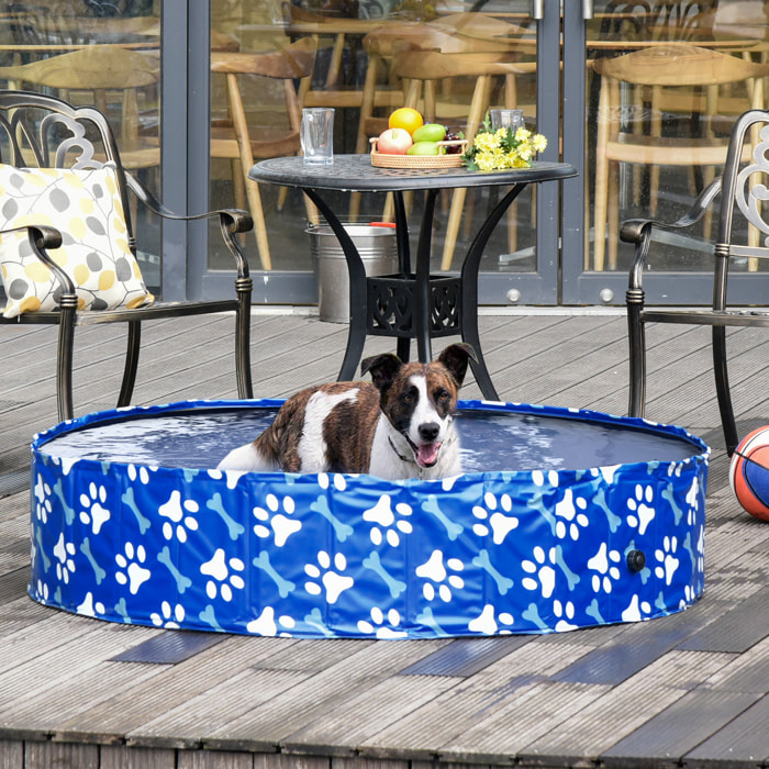 Piscine pour chien bassin PVC pliable anti-glissant facile à nettoyer Ø 1,4 m hauteur 30 cm motifs os pattes bleu