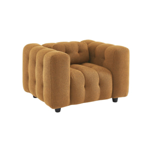 Fauteuil 1 place en bouclette texturée capitonné moutarde structure bois d'eucalyptus et contreplaqué