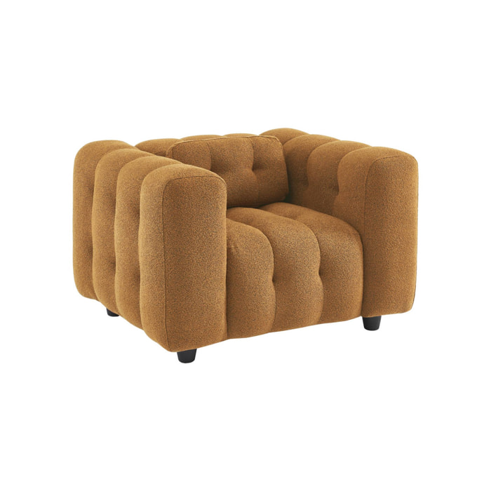 Fauteuil 1 place en bouclette texturée capitonné moutarde structure bois d'eucalyptus et contreplaqué