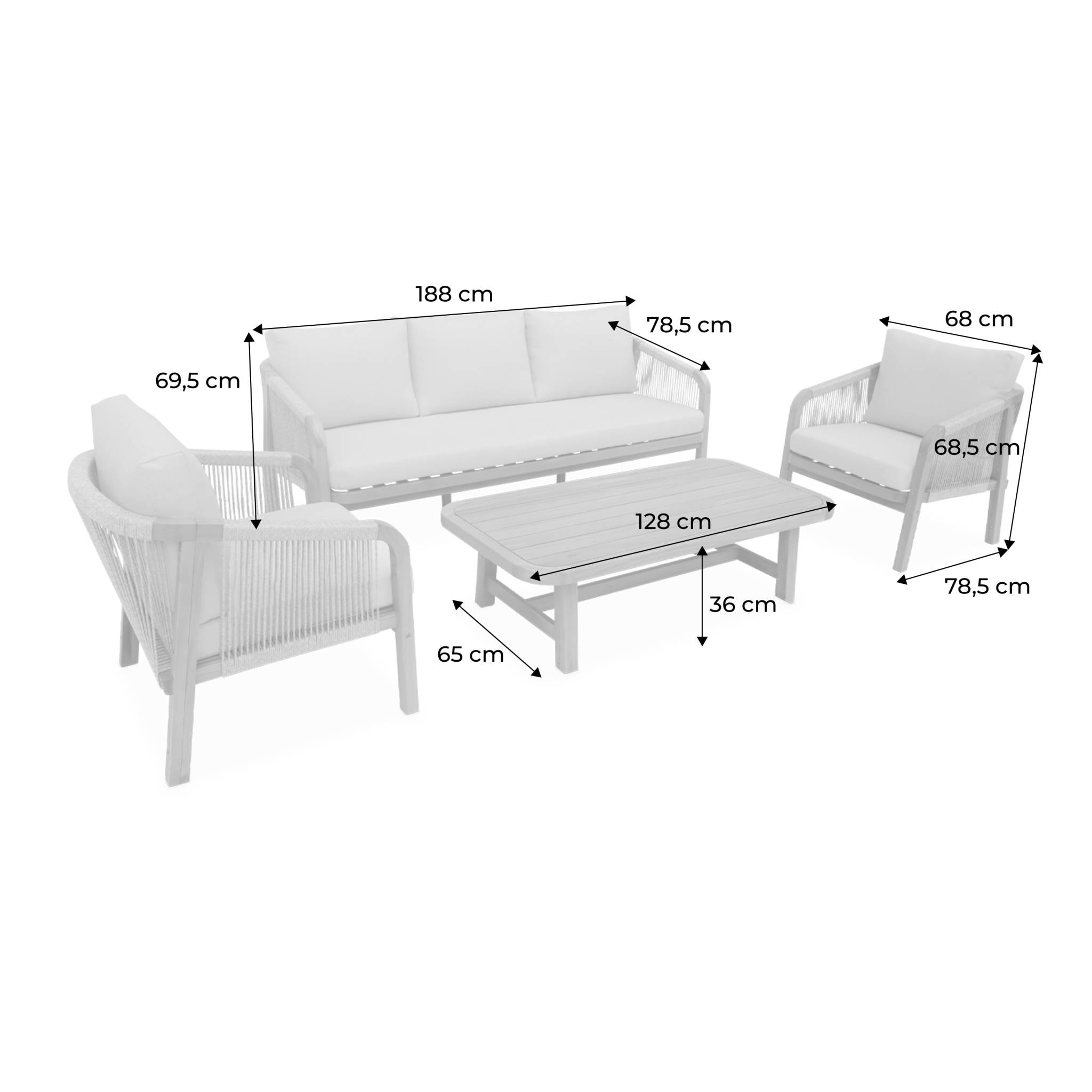 Salon de jardin en bois et cordes. acacia. coussins beige. 5 places
