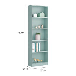 Libreria Pomona, Mobile portalibri alta a 5 ripiani, Scaffale da ufficio o cameretta, Scaffale moderno con scomparti, cm 52x25h80, Verde acqua