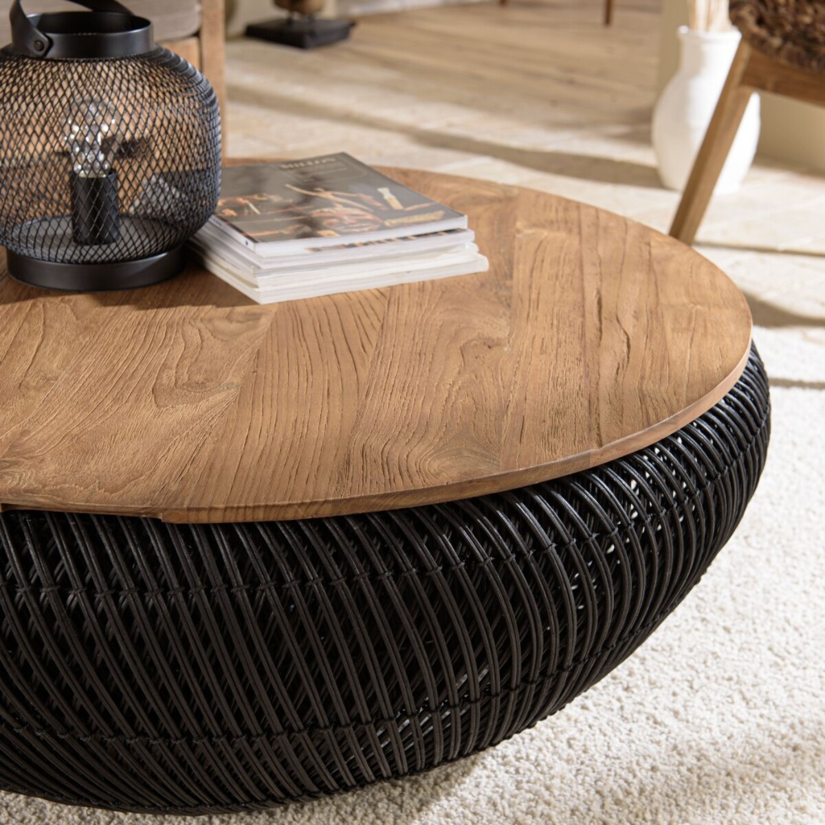 SIXTINE - Table basse ronde 100x100cm en rotin noir plateau amovible